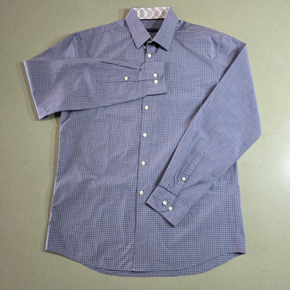Elie Tahari Mens Slim Fit Micro Check Button Down Shirt Purple 15.5 34/35